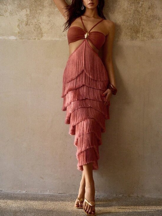 MODA ME COUTURE Dresses & Skirts - Women's Redwood Strapless Hollow Out Tassel Cover Up Dress